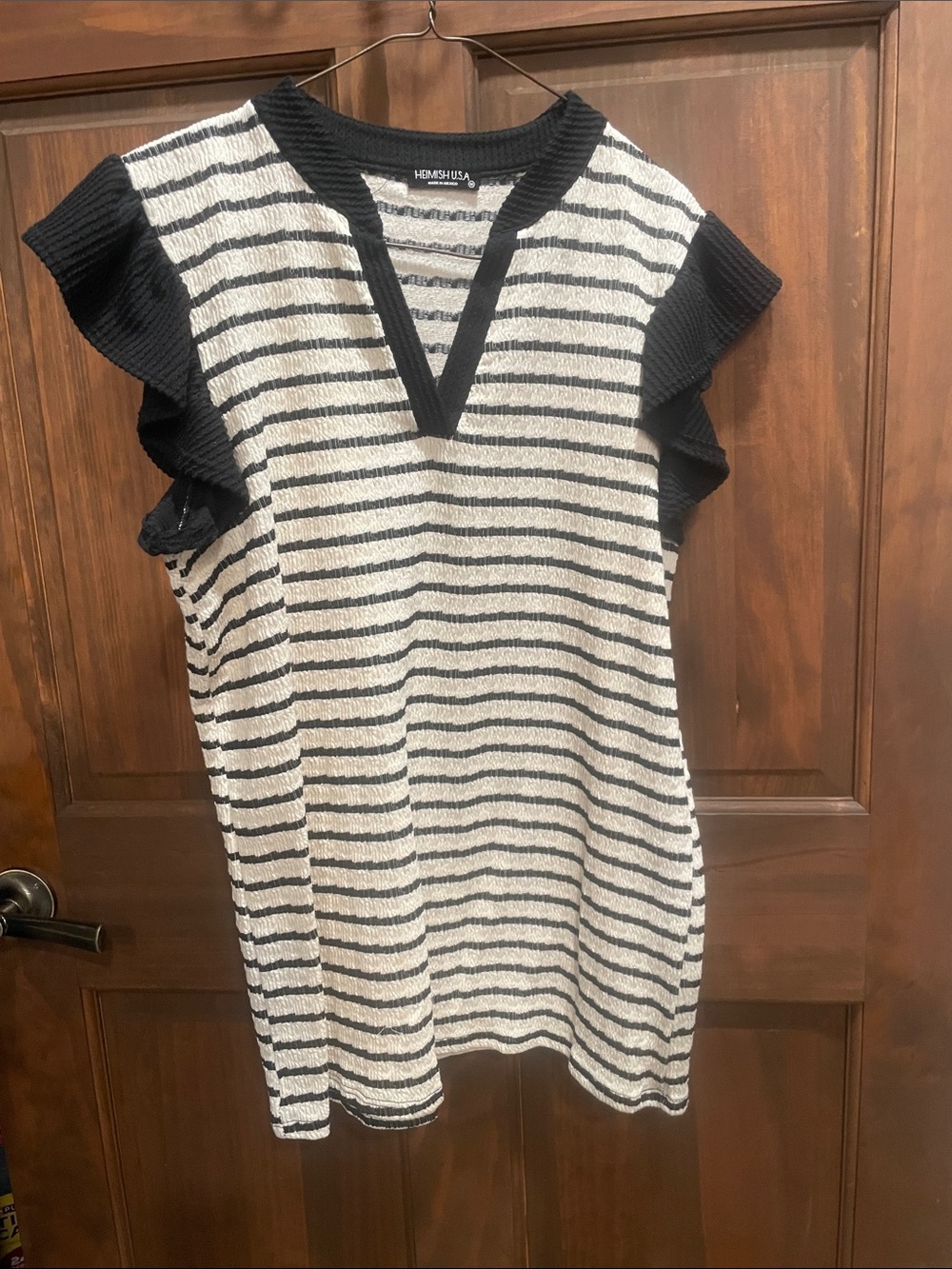 HEIMISH USA Black and Cream Striped Short Sleeve Knit Top